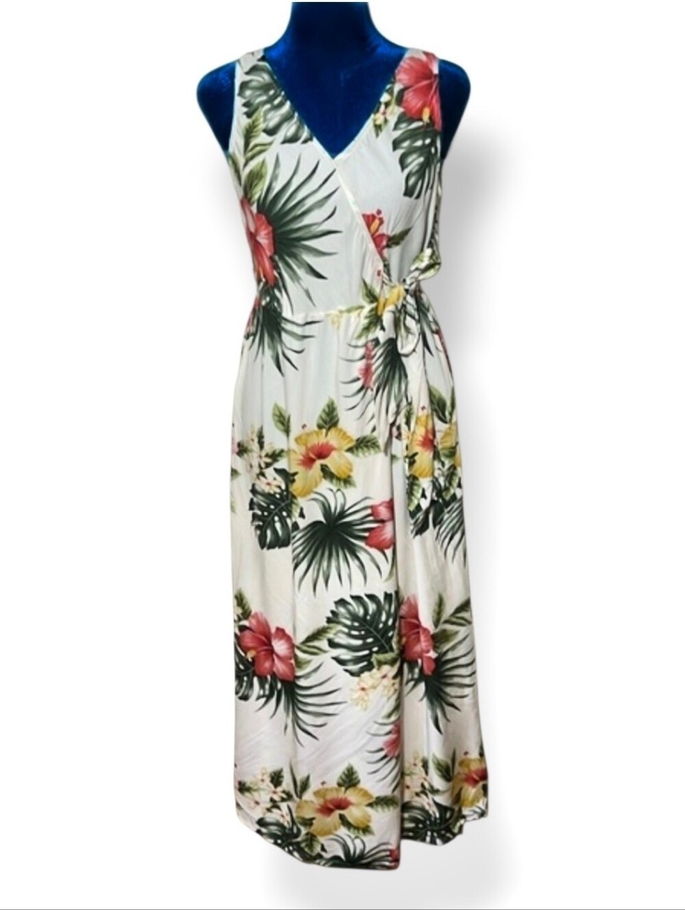 Puanani Hawaii Tropical White Floral Maxi Dress Faux Tie Size XSmall